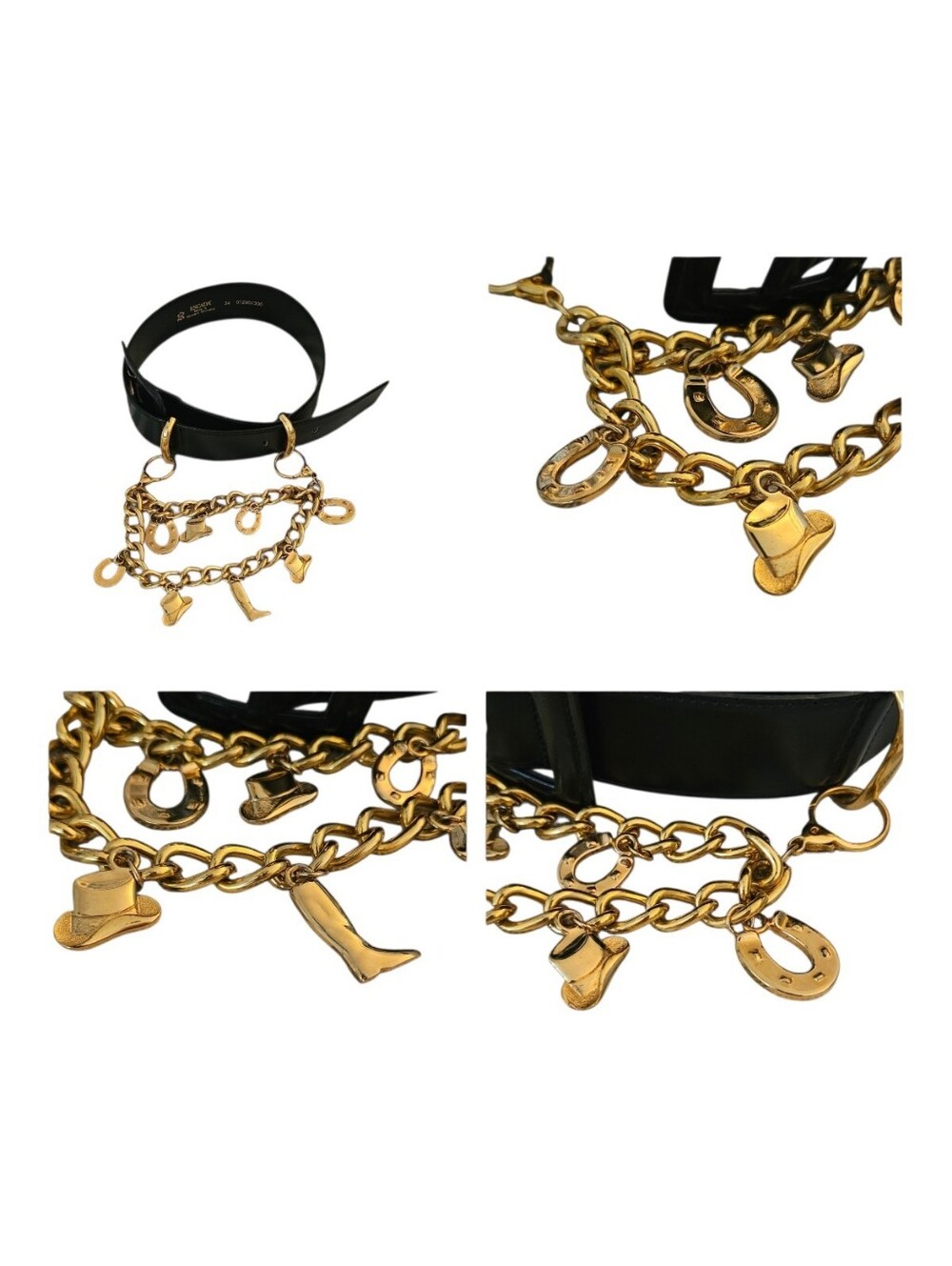 Vintage Escada Gold-Tone Double Chain Black Leather Belt Equestrian